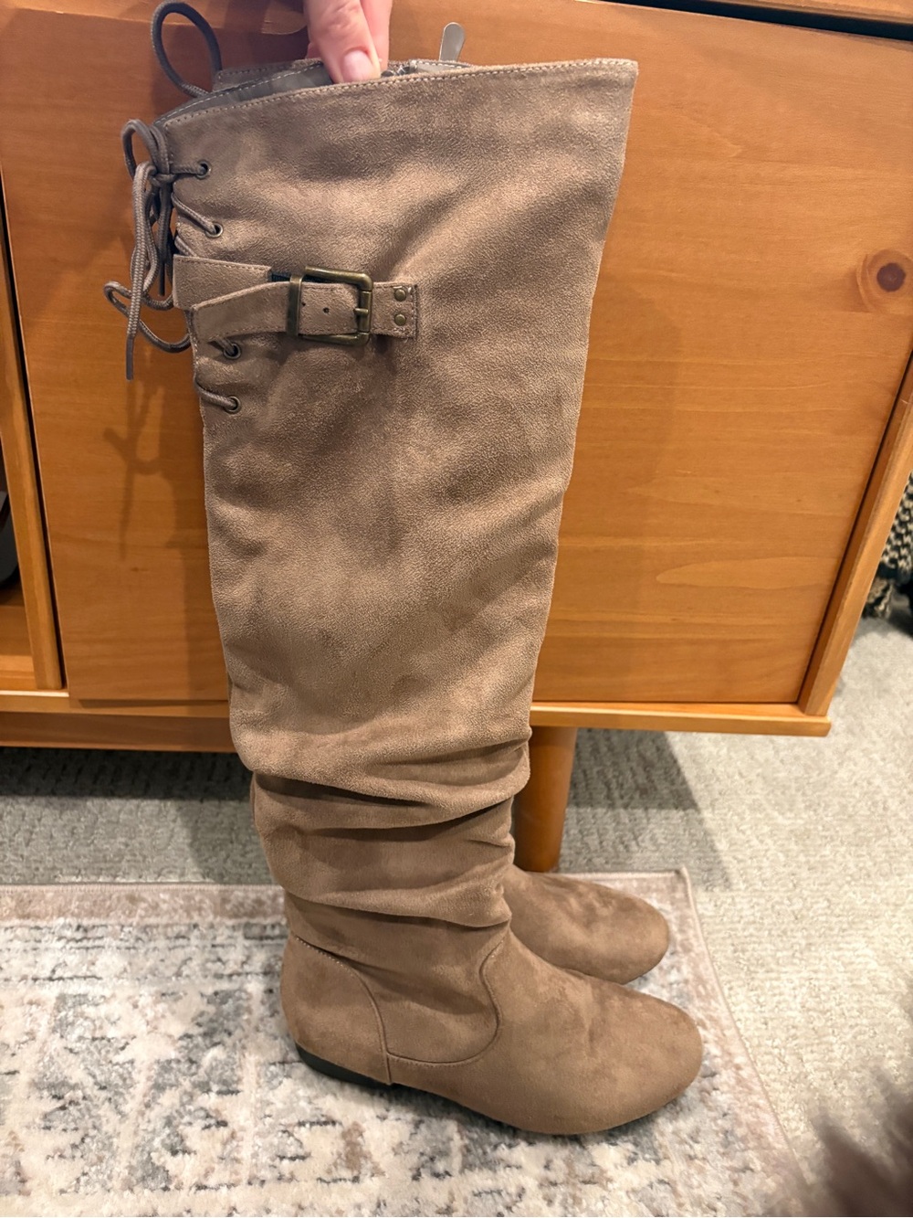 Over-the-Knee Taupe Suede Boots with Lace & Buckle Detail
